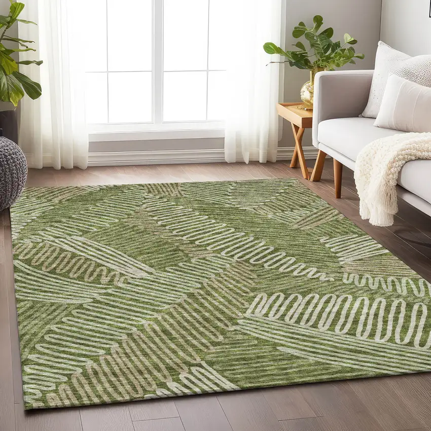 Olive Green Brown And Ivory Floral Washable Indoor Outdoor Area Rug Photo 9