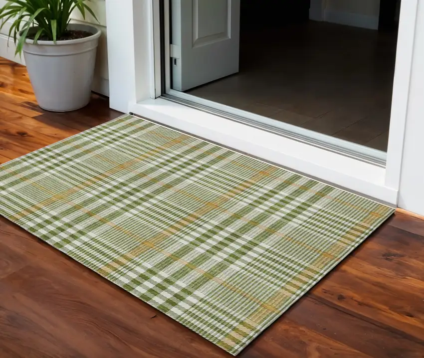 Olive Green Brown And Ivory Plaid Washable Indoor Outdoor Area Rug Photo 1