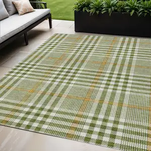 Photo of Olive Green Brown And Ivory Plaid Washable Indoor Outdoor Area Rug