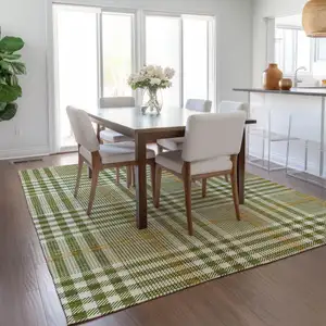 Photo of Olive Green Brown And Ivory Plaid Washable Indoor Outdoor Area Rug