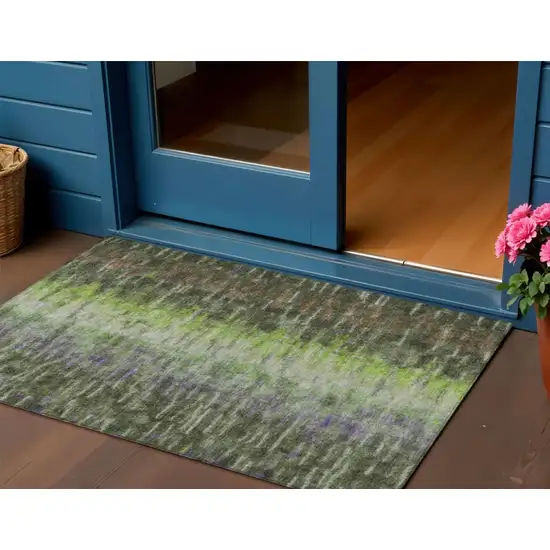Olive Green Brown And Purple Abstract Washable Indoor Outdoor Area Rug Photo 1