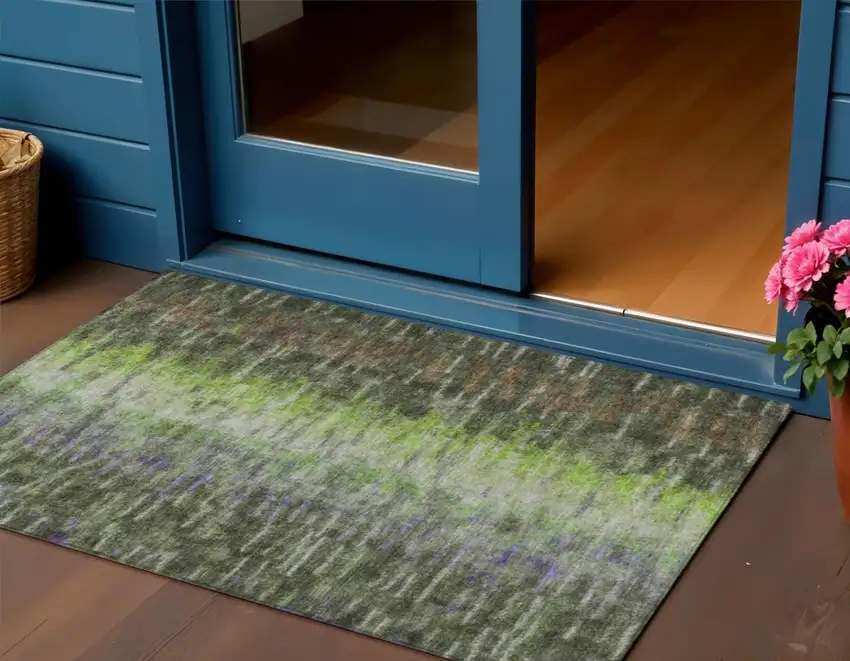 Olive Green Brown And Purple Abstract Washable Indoor Outdoor Area Rug Photo 1