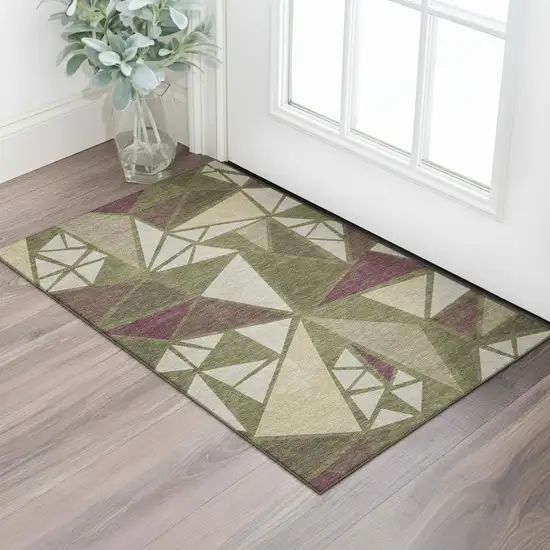 Olive Green Burgundy And Beige Geometric Washable Area Rug With UV Protection Photo 2