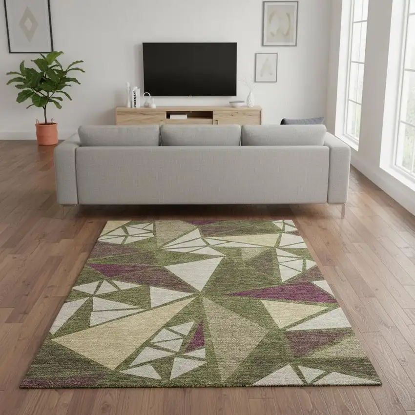 Olive Green Burgundy And Beige Geometric Washable Area Rug With UV Protection Photo 2