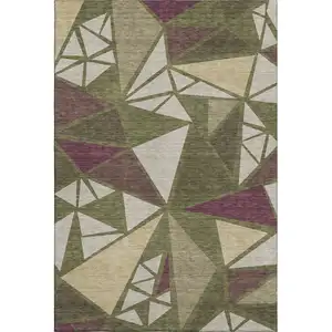 Photo of Olive Green Burgundy And Beige Geometric Washable Area Rug With UV Protection
