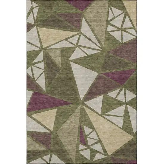 Olive Green Burgundy And Beige Geometric Washable Area Rug With UV Protection Photo 2