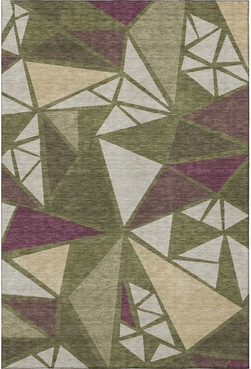 Olive Green Burgundy And Beige Geometric Washable Area Rug With UV Protection Photo 2