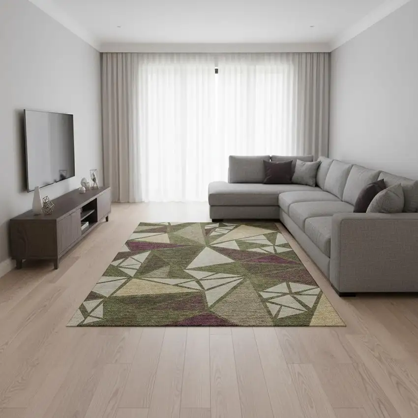 Olive Green Burgundy And Beige Geometric Washable Area Rug With UV Protection Photo 2