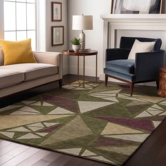 Olive Green Burgundy And Beige Geometric Washable Area Rug With UV Protection Photo 3