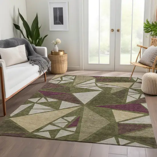 Olive Green Burgundy And Beige Geometric Washable Area Rug With UV Protection Photo 5