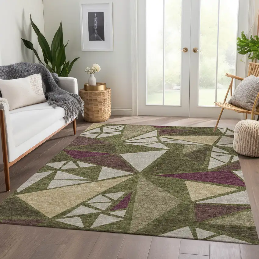 Olive Green Burgundy And Beige Geometric Washable Area Rug With UV Protection Photo 5