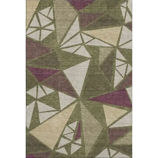Olive Green Burgundy And Beige Geometric Washable Area Rug With UV Protection Photo 1