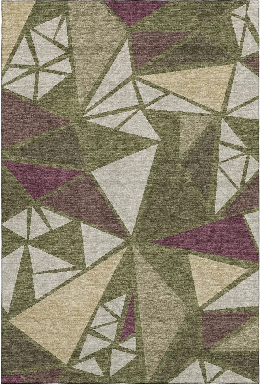 Olive Green Burgundy And Beige Geometric Washable Area Rug With UV Protection Photo 1