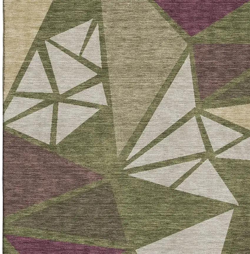 Olive Green Burgundy And Beige Geometric Washable Area Rug With UV Protection Photo 3