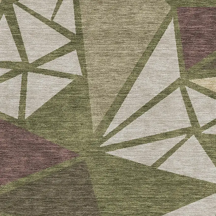 Olive Green Burgundy And Beige Geometric Washable Area Rug With UV Protection Photo 2