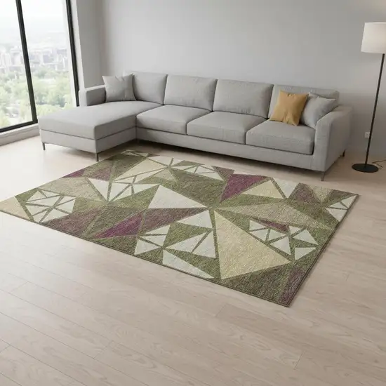 Olive Green Burgundy And Beige Geometric Washable Area Rug With UV Protection Photo 2