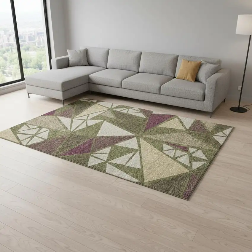 Olive Green Burgundy And Beige Geometric Washable Area Rug With UV Protection Photo 2