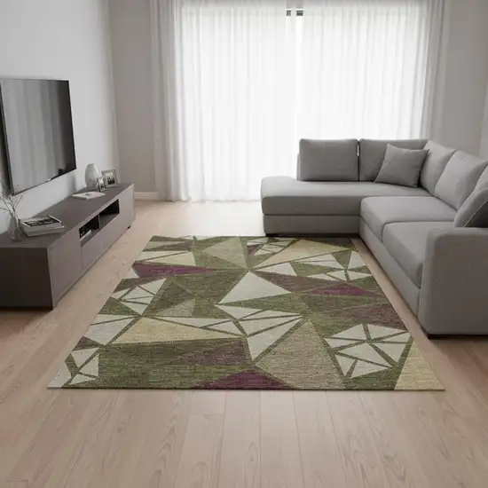 Olive Green Burgundy And Beige Geometric Washable Area Rug With UV Protection Photo 2