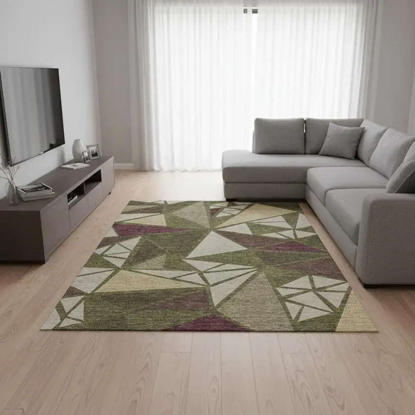 Olive Green Burgundy And Beige Geometric Washable Area Rug With UV Protection Photo 2