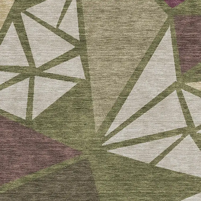 Olive Green Burgundy And Beige Geometric Washable Area Rug With UV Protection Photo 2