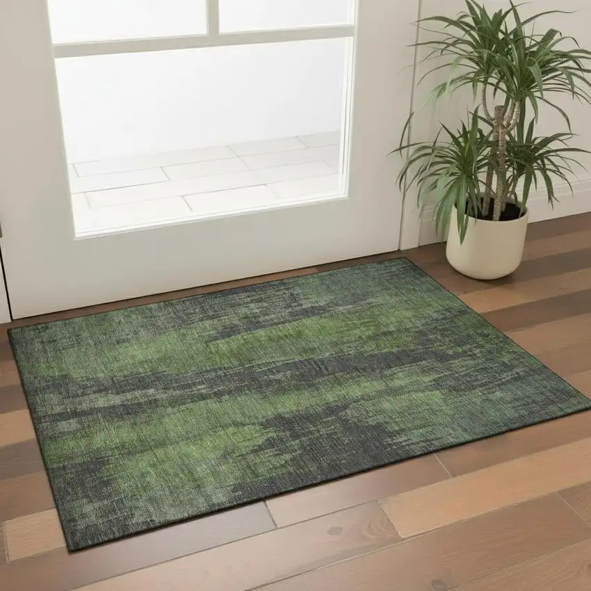 Olive Green Charcoal And Gray Abstract Washable Area Rug With UV Protection Photo 2