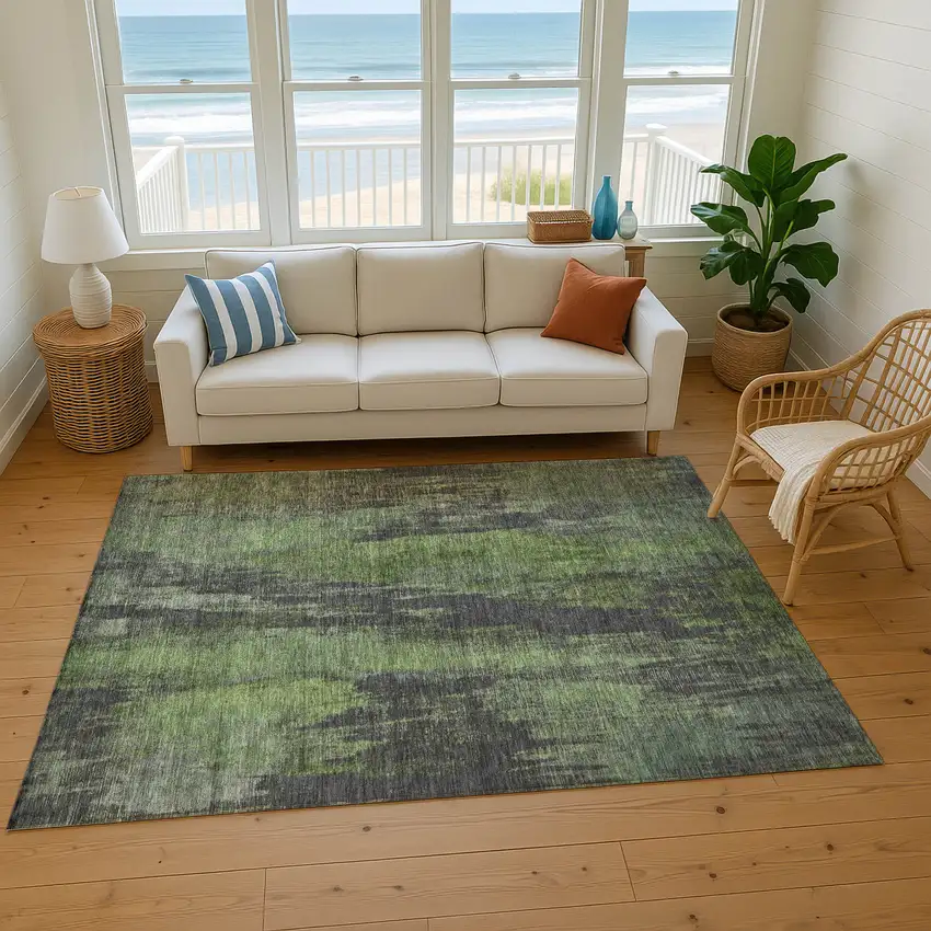 Olive Green Charcoal And Gray Abstract Washable Area Rug With UV Protection Photo 6