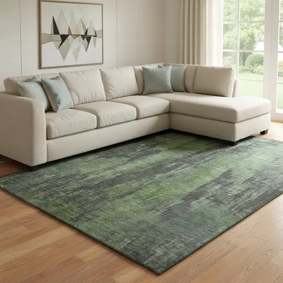 Olive Green Charcoal And Gray Abstract Washable Area Rug With UV Protection Photo 2