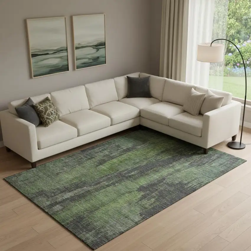 Olive Green Charcoal And Gray Abstract Washable Area Rug With UV Protection Photo 2