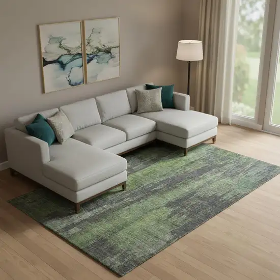 Olive Green Charcoal And Gray Abstract Washable Area Rug With UV Protection Photo 2