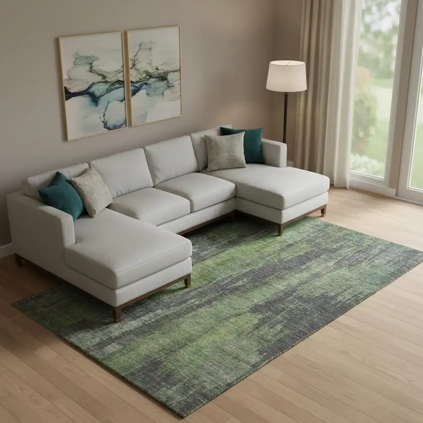 Olive Green Charcoal And Gray Abstract Washable Area Rug With UV Protection Photo 2