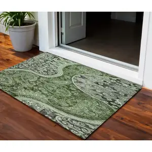 Photo of Olive Green Charcoal And Gray Floral Medallion Washable Indoor Outdoor Area Rug