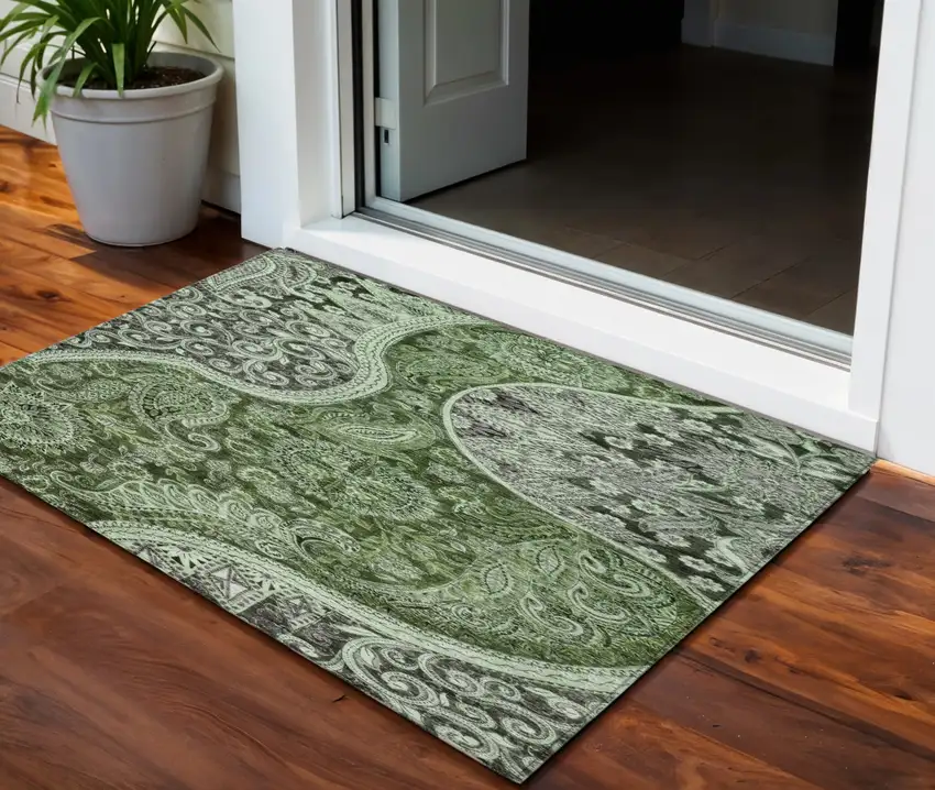 Olive Green Charcoal And Gray Floral Medallion Washable Indoor Outdoor Area Rug Photo 1