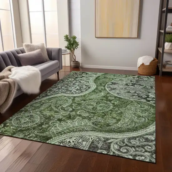 Olive Green Charcoal And Gray Floral Medallion Washable Indoor Outdoor Area Rug Photo 9