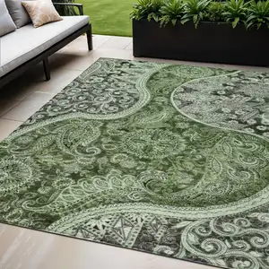 Photo of Olive Green Charcoal And Gray Floral Medallion Washable Indoor Outdoor Area Rug