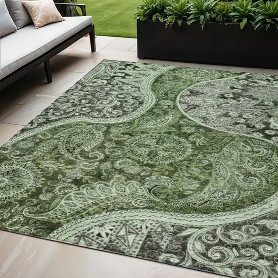 Olive Green Charcoal And Gray Floral Medallion Washable Indoor Outdoor Area Rug Photo 1