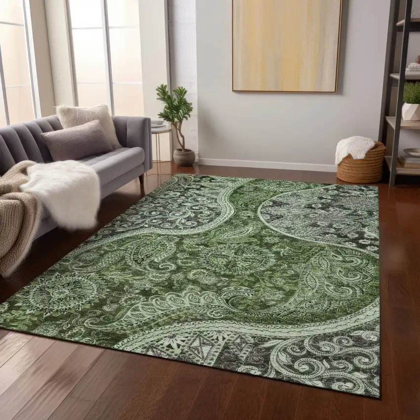 Olive Green Charcoal And Gray Floral Medallion Washable Indoor Outdoor Area Rug Photo 9