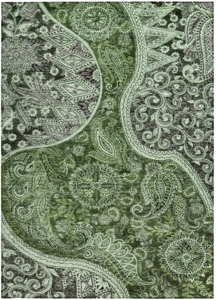 Olive Green Charcoal And Gray Floral Medallion Washable Indoor Outdoor Area Rug Photo 6