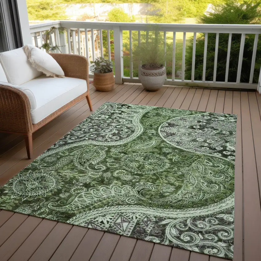 Olive Green Charcoal And Gray Floral Medallion Washable Indoor Outdoor Area Rug Photo 7