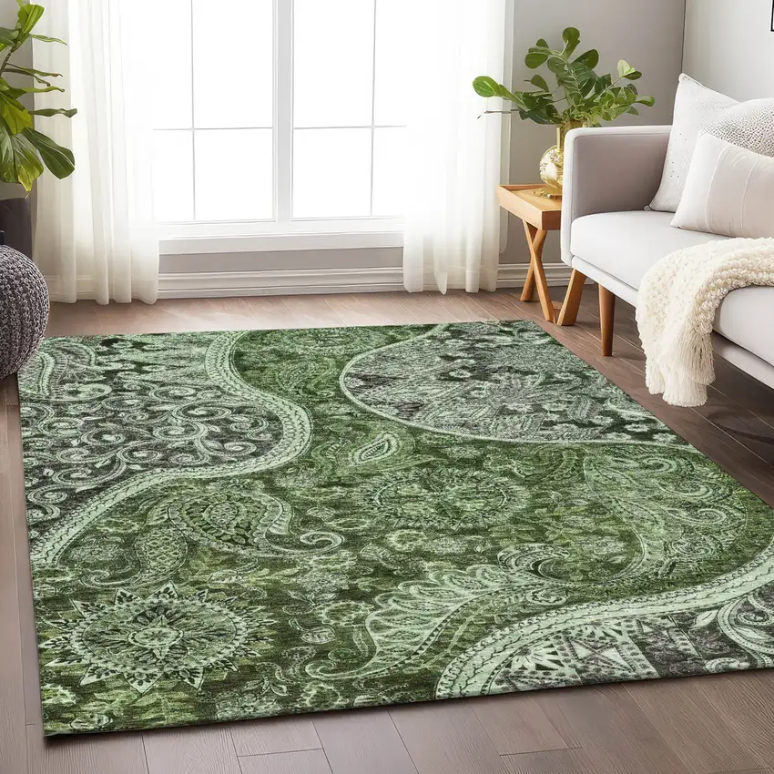 Olive Green Charcoal And Gray Floral Medallion Washable Indoor Outdoor Area Rug Photo 8
