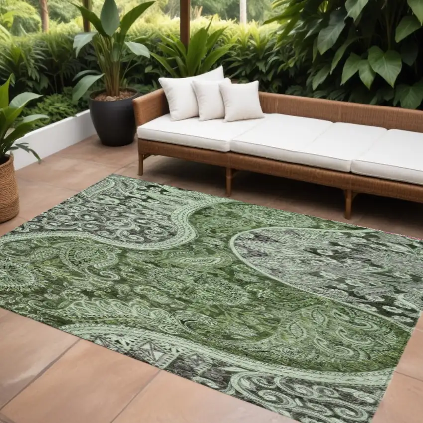 Olive Green Charcoal And Gray Floral Medallion Washable Indoor Outdoor Area Rug Photo 1