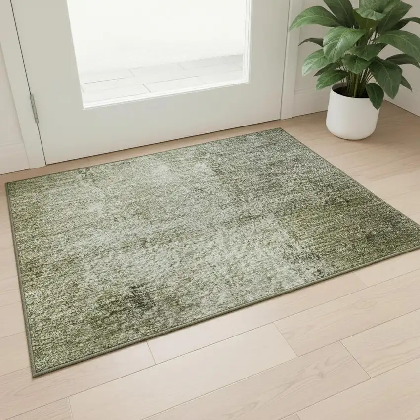Olive Green Charcoal And Ivory Abstract Washable Area Rug With UV Protection Photo 2