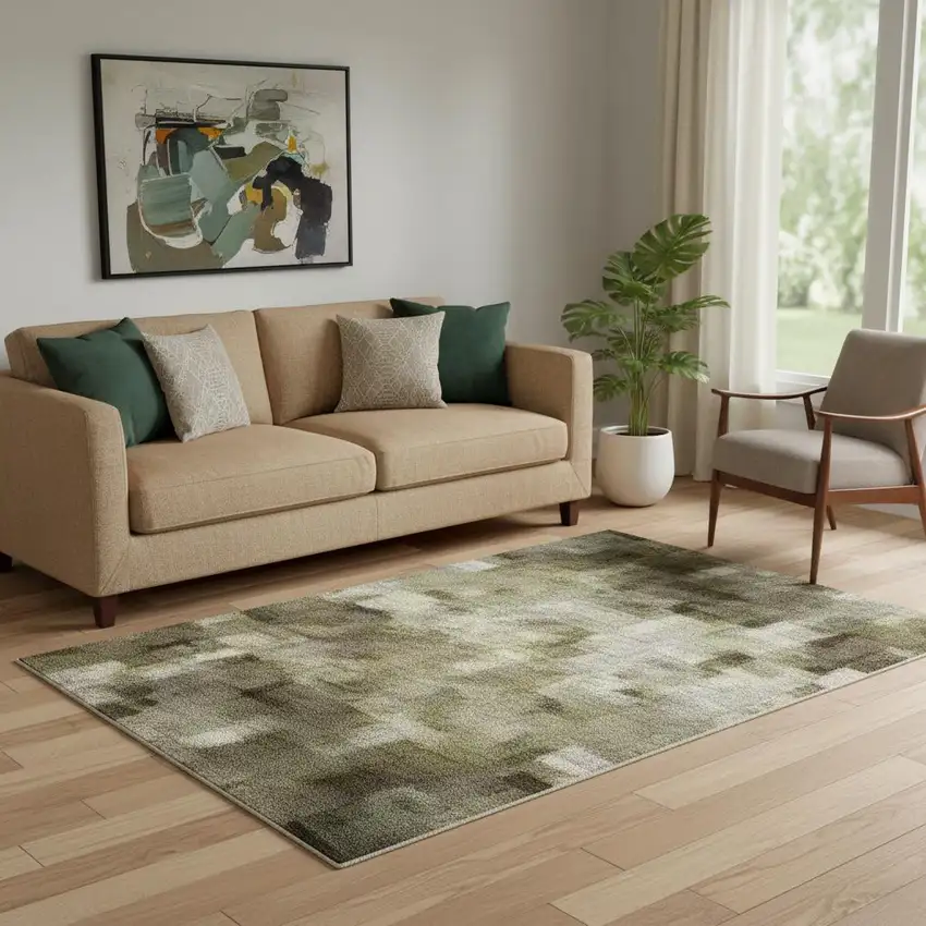 Olive Green Charcoal And Ivory Abstract Washable Area Rug With UV Protection Photo 2