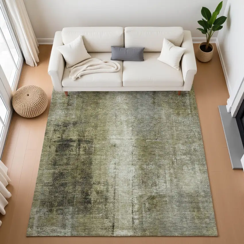 Olive Green Charcoal And Ivory Abstract Washable Area Rug With UV Protection Photo 5