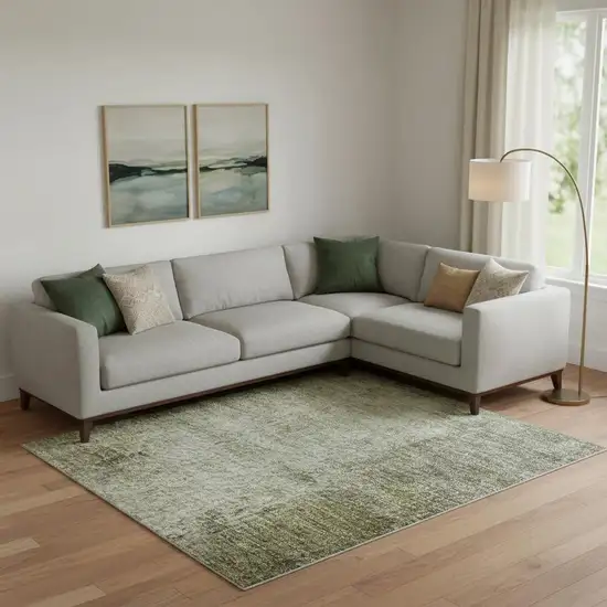 Olive Green Charcoal And Ivory Abstract Washable Area Rug With UV Protection Photo 2