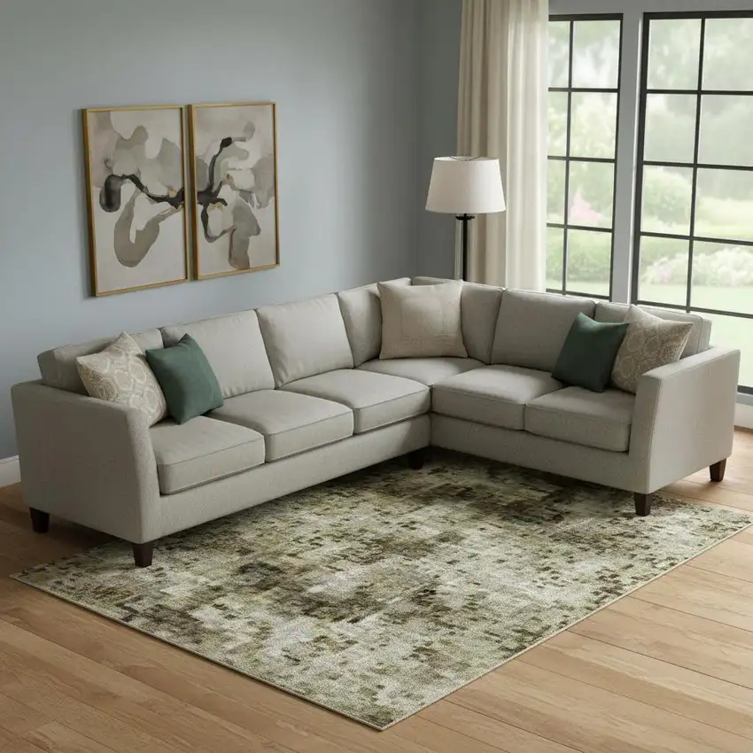 Olive Green Charcoal And Ivory Abstract Washable Area Rug With UV Protection Photo 2