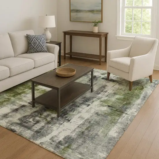 Olive Green Charcoal And Ivory Abstract Washable Area Rug With UV Protection Photo 6