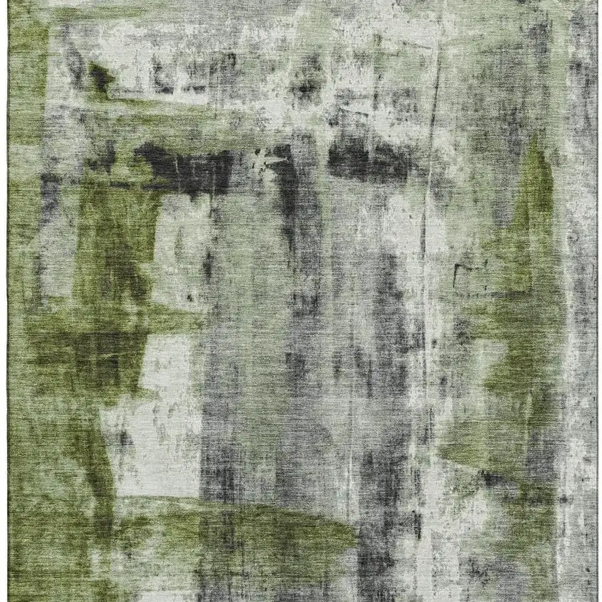 Olive Green Charcoal And Ivory Abstract Washable Area Rug With UV Protection Photo 4