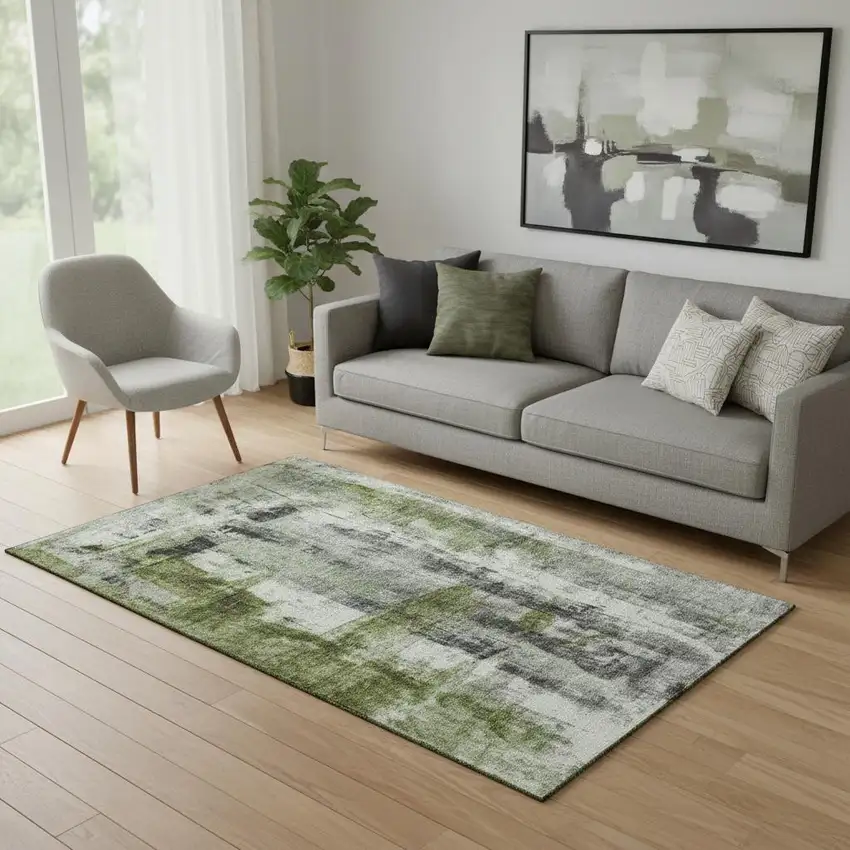 Olive Green Charcoal And Ivory Abstract Washable Area Rug With UV Protection Photo 2
