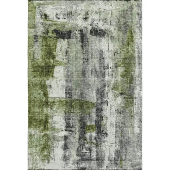 Olive Green Charcoal And Ivory Abstract Washable Area Rug With UV Protection Photo 1