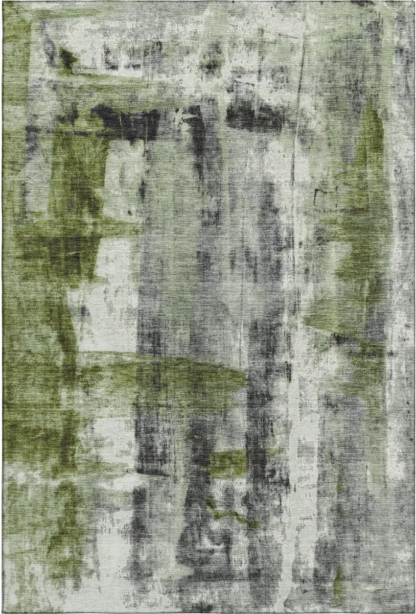 Olive Green Charcoal And Ivory Abstract Washable Area Rug With UV Protection Photo 1